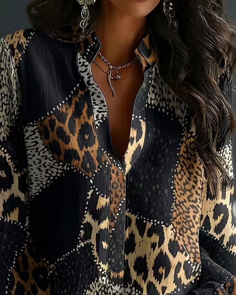 Blouse Mini Col Mandarin Léopard Panneau Décontractée