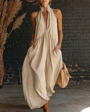 Robe 100% Coton Sans Manches Col Montant Unie Maxi