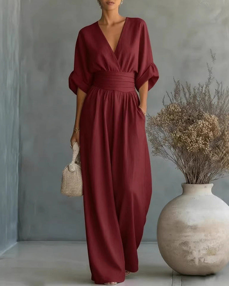 Jumpsuit Col V Croisé Cintré Jambe Large