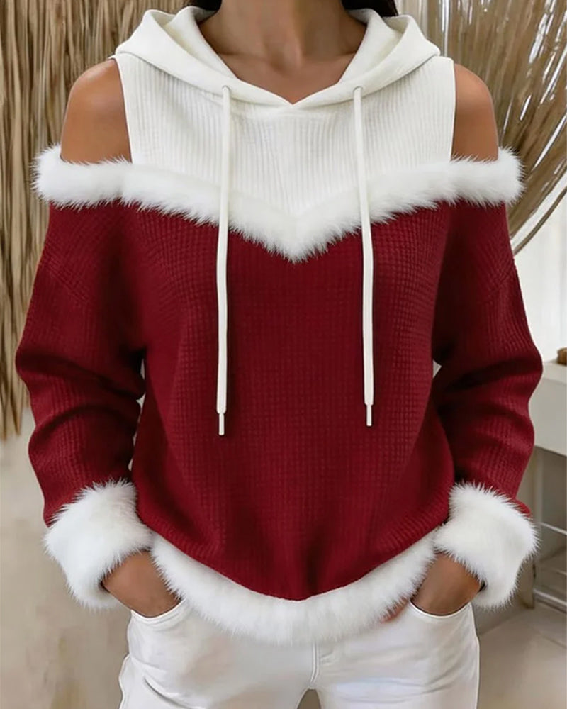 Sweat À Capuche Épaules Dénudées Fausse Fourrure Bordure