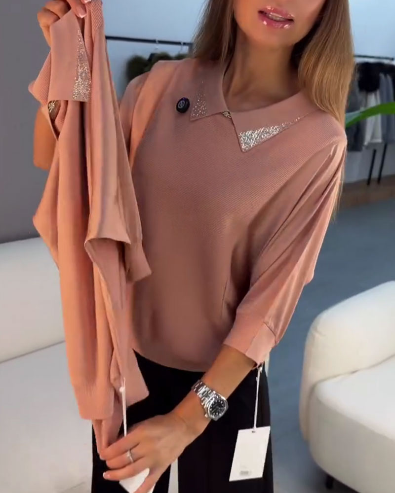 Pullover Revers Manche Coude Tricoté Élégant