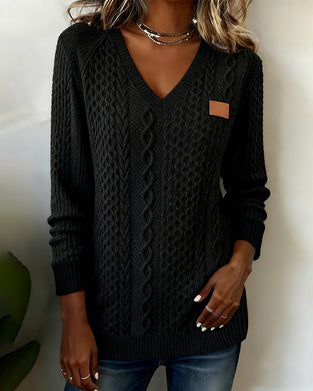 Sweat À Col En V Et Manches Longues Avec Étiquette En Cuir