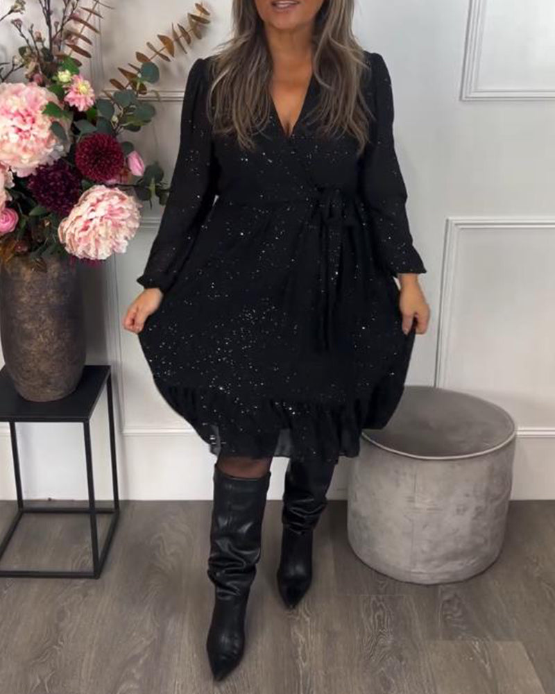 Robe Avec Design à Col V, Détail de Ceinture à Noeud Et Tissu Iridescent