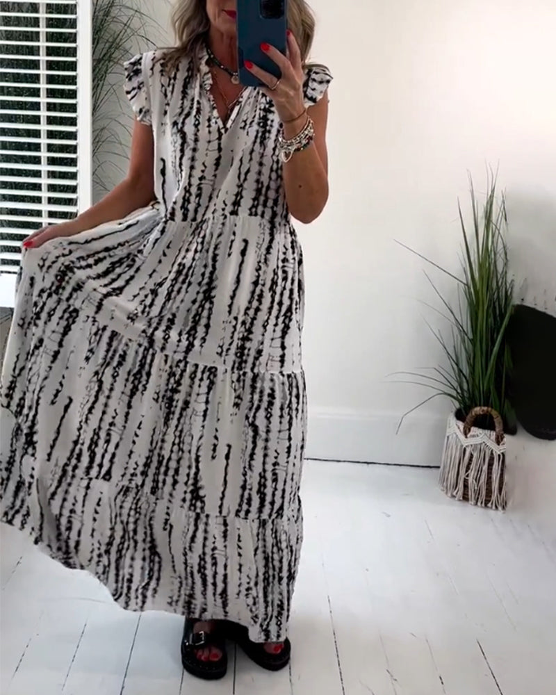 Robe à col en V imprimée à manches volantes