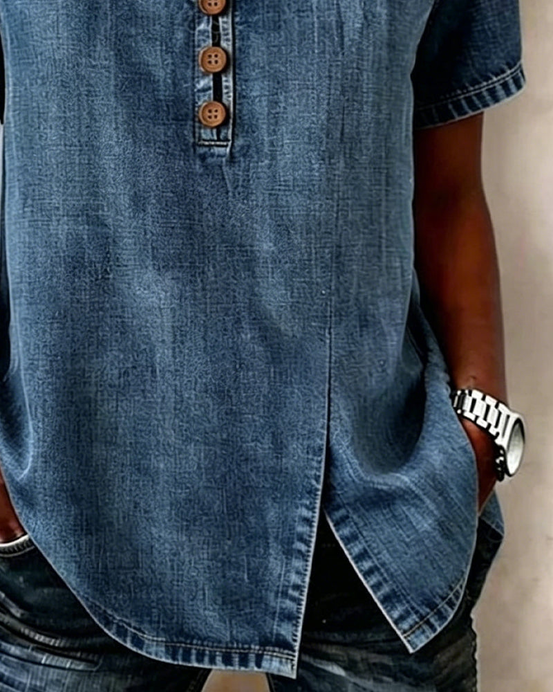Blouse En Denim À Col En V Fendu