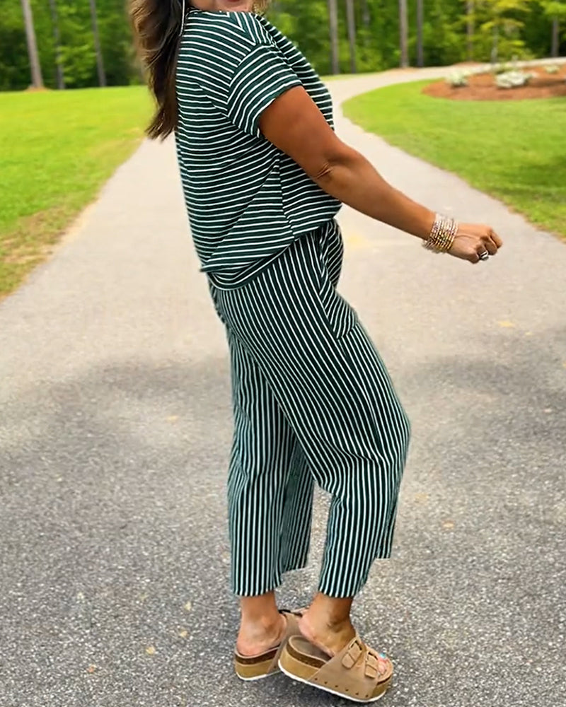 Ensemble Col Rond Rayé Taille Élastique Poche