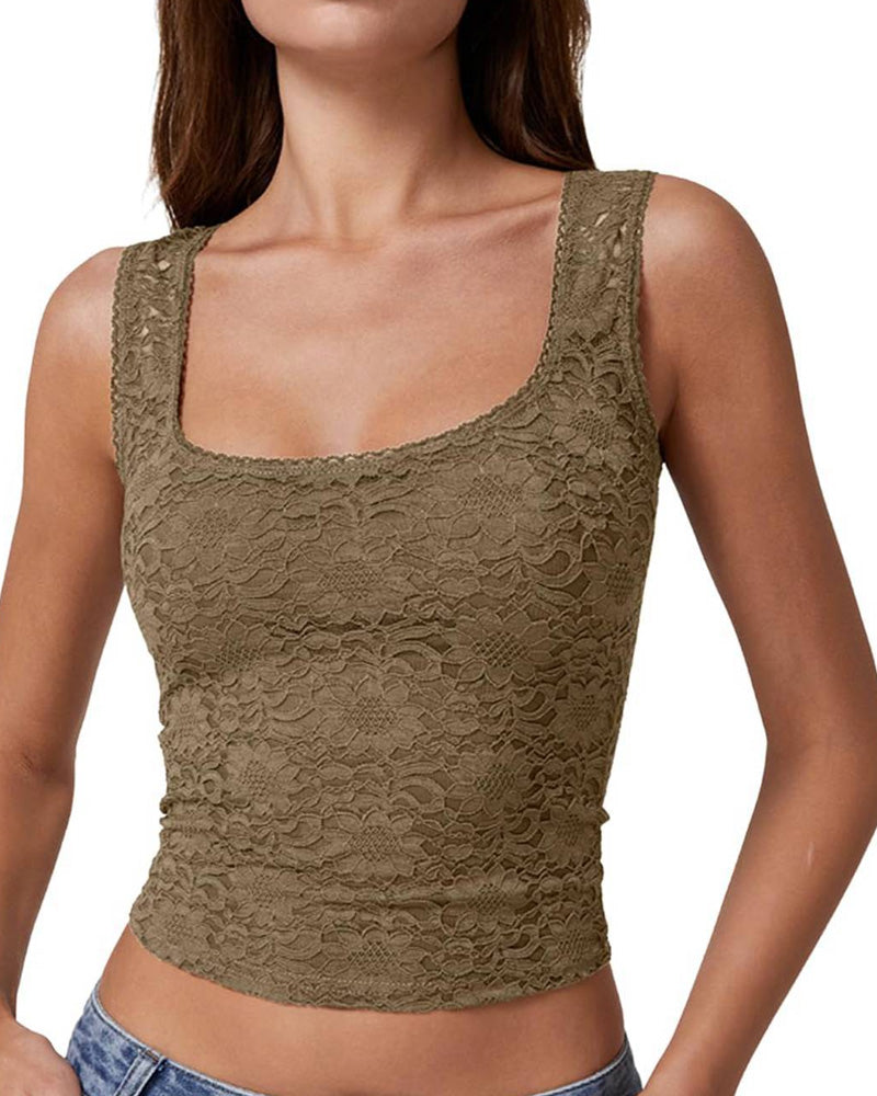 Tank Top Dentelle Garniture Col Carré Sans Manches