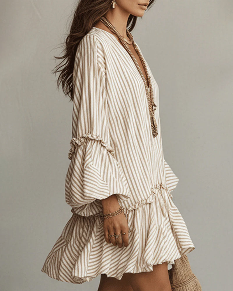 Robe Col En V Manche Lanterne Rayée Mini