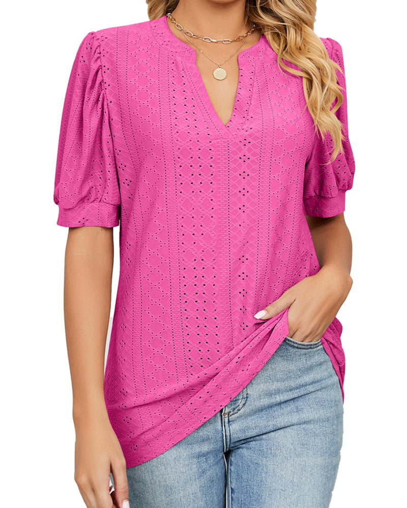 Blouses Col En V Uni Ajouré Manche Bouffante