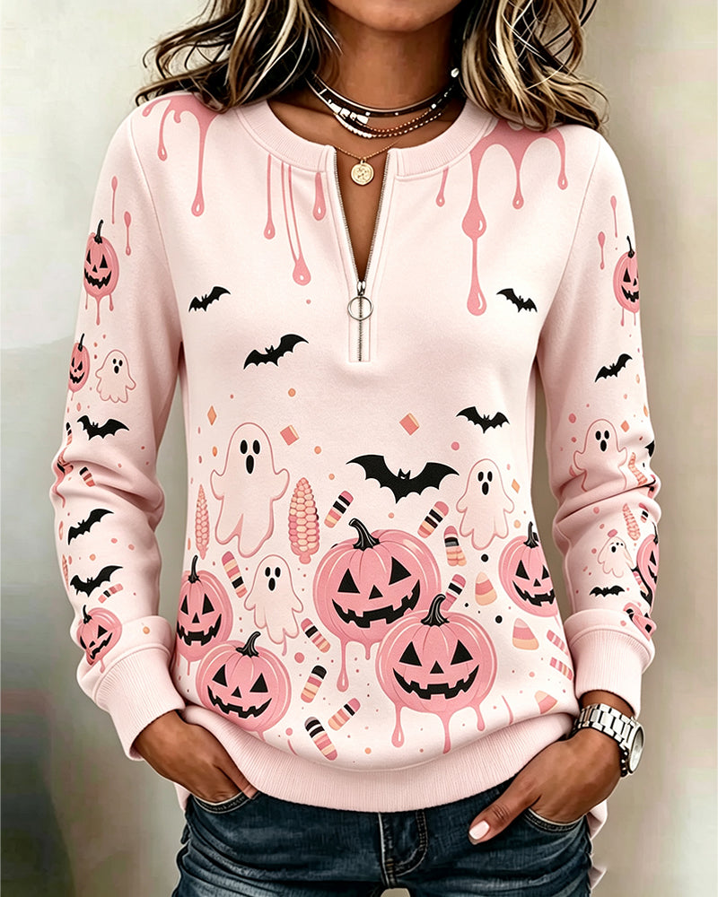 Sweat Capuche Fermeture Éclair Manche Longue Halloween Citrouille