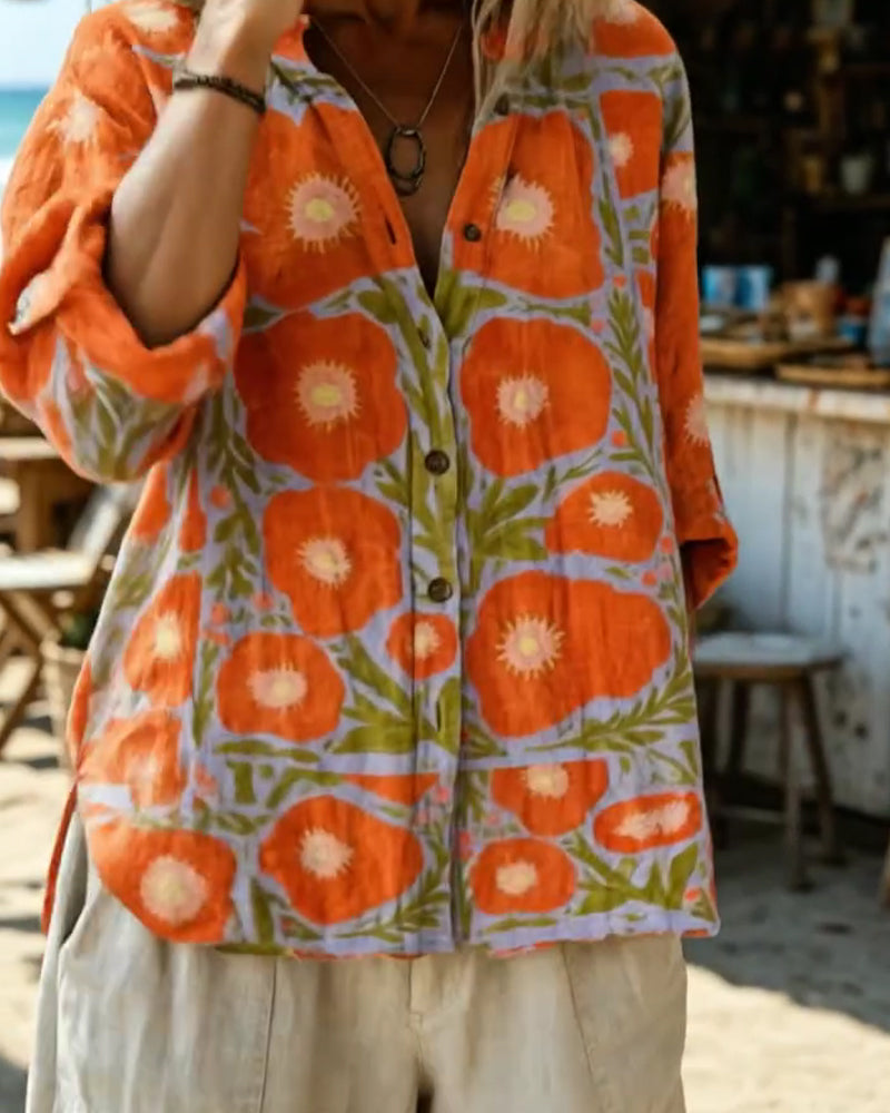 Chemise Col Montant Boutonnage Vintage Fleuri