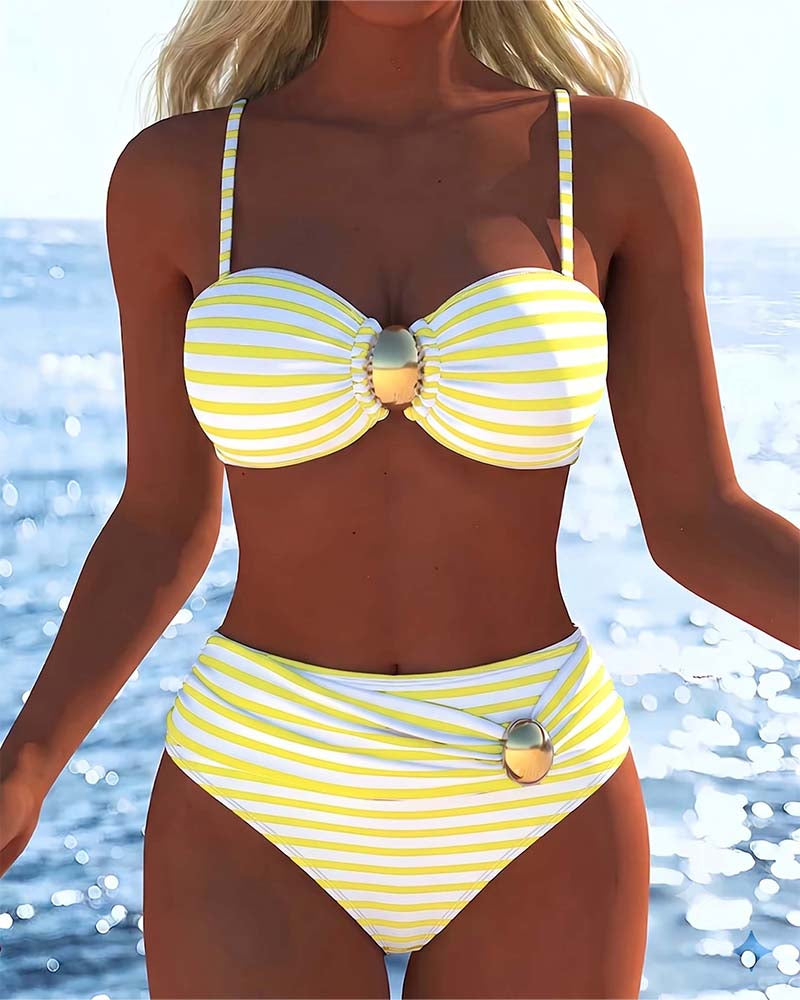 Bikini Bretelles Spaghetti Rayé Bouton Plastique