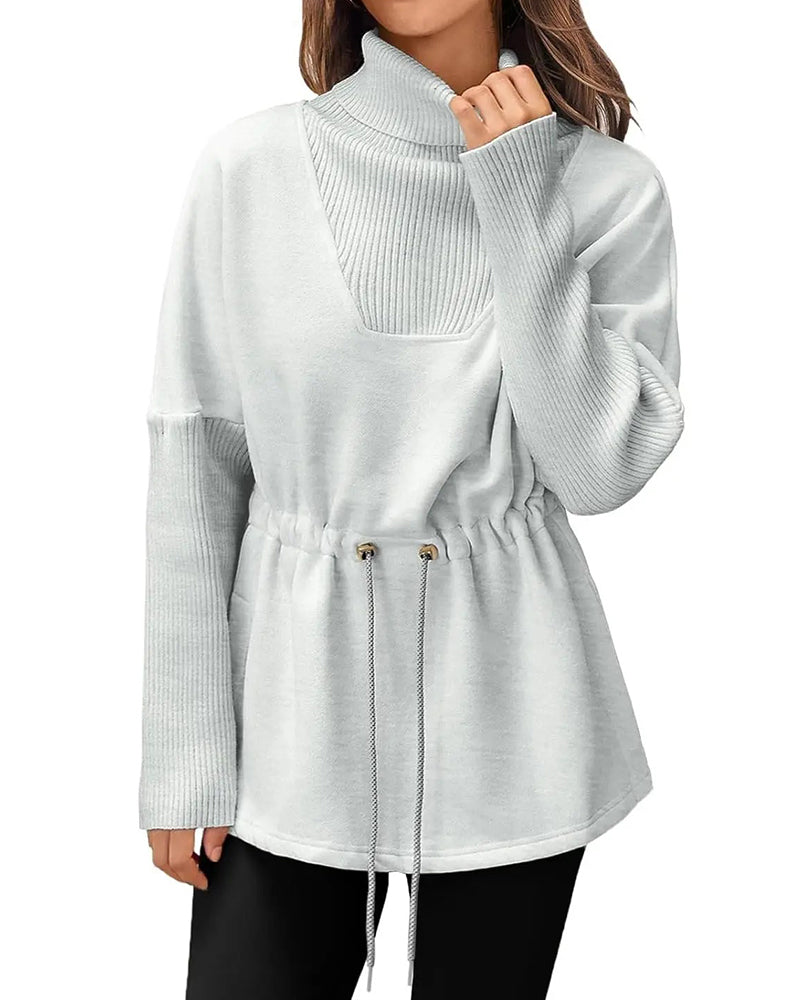 Sweat-Shirt Col Haut Manches Longues Taille Cordon