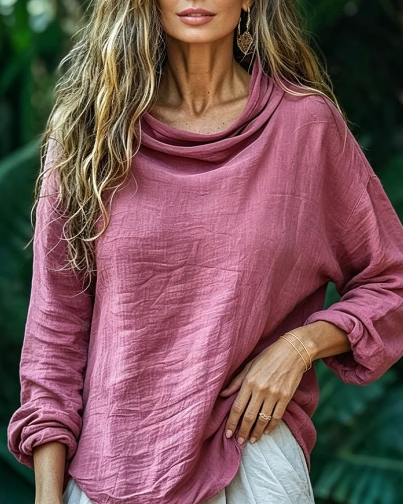 Blouse Col Drapé Décontractée Unie Manche Longue