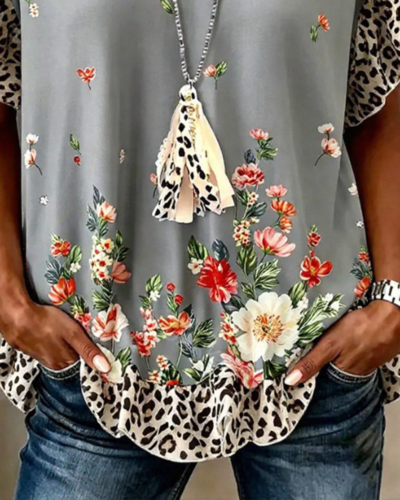 T-Shirt Léopard Patchwork Imprimé Floral