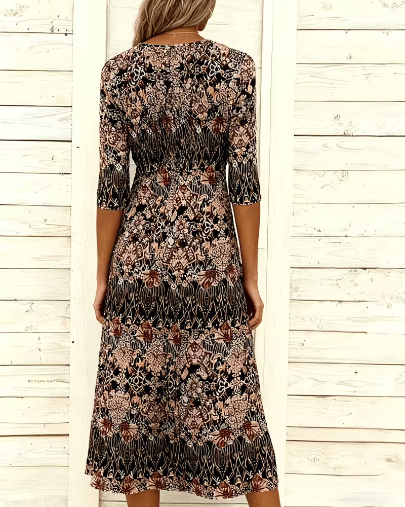 Robe Col V Imprimé Patchwork Demi‑manche