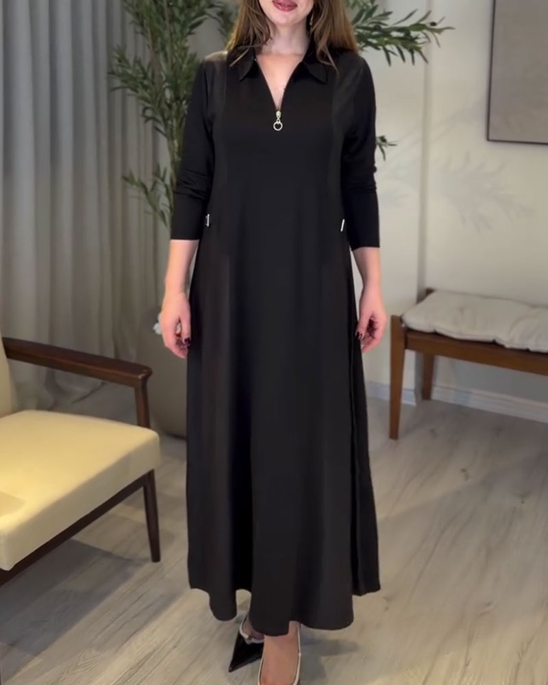 Robe Uni Fermeture Éclair Col Revers