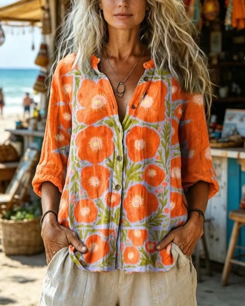 Chemise Col Montant Boutonnage Vintage Fleuri