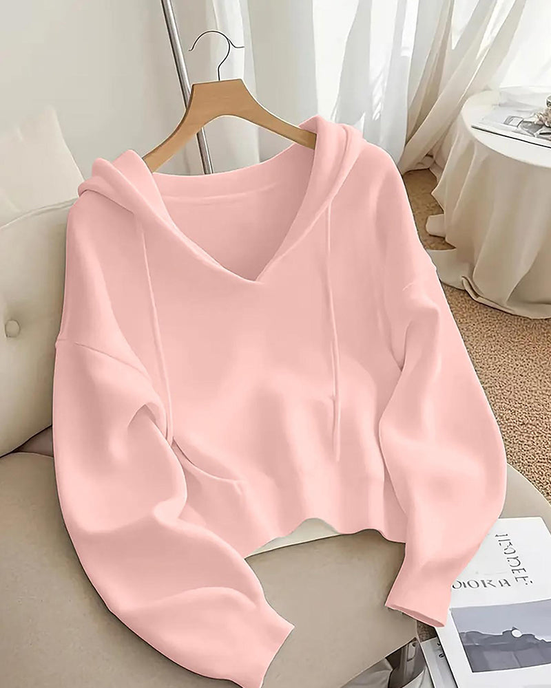 Pullover Court Col En V Capuche