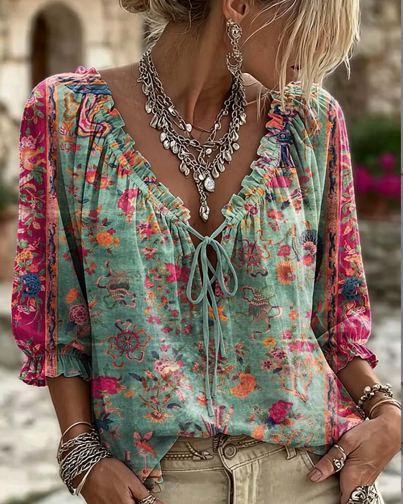 Blouse À Manches Volants À Lacets