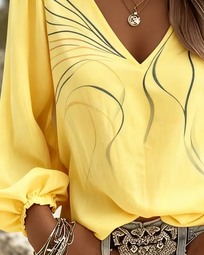 Blouse Col V Ligne Imprimé Manche Bouffante