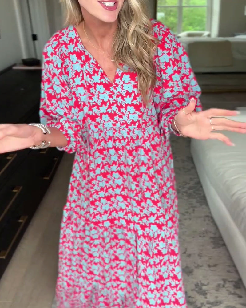 Robe fleurie à col en V et manches lanternes