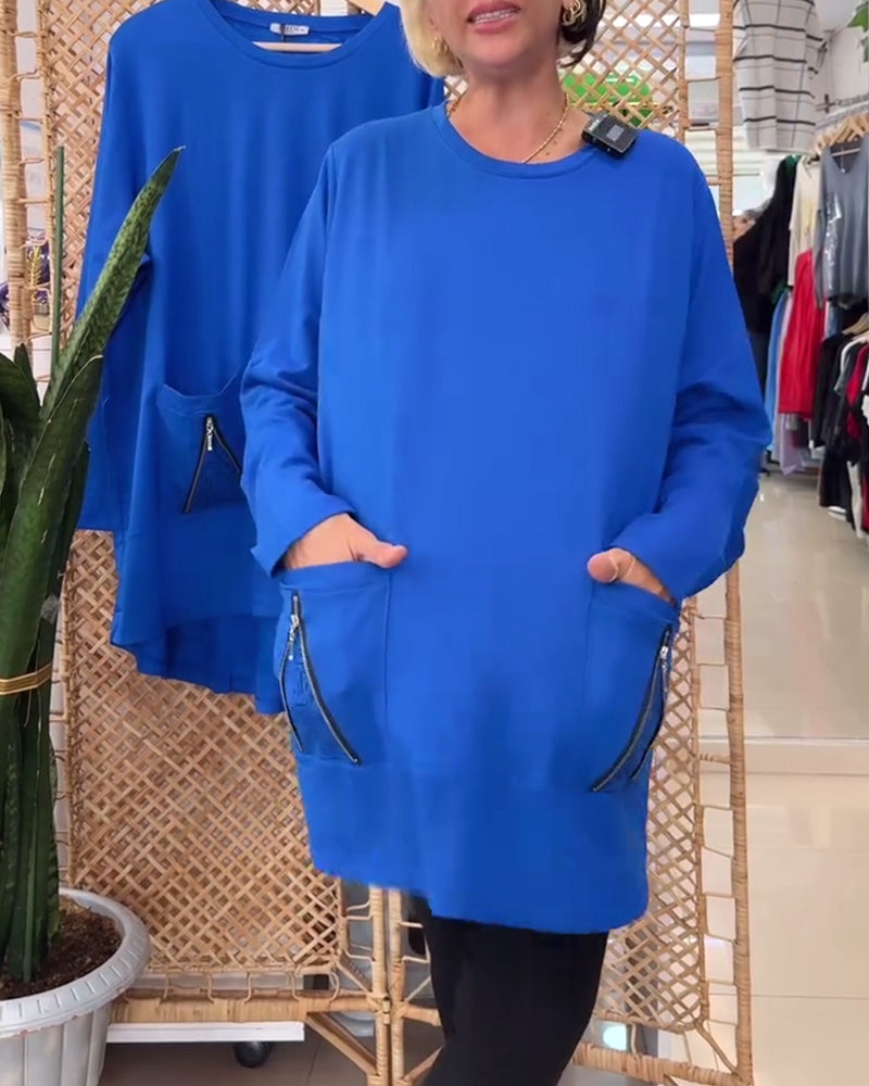 Sweat col rond couleur unie poche zippée