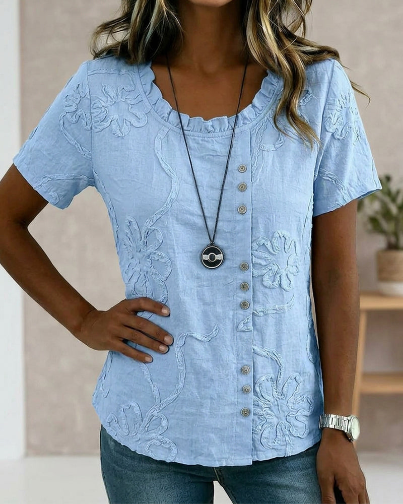 Blouse Texturée Fleurie Bouton Latéral