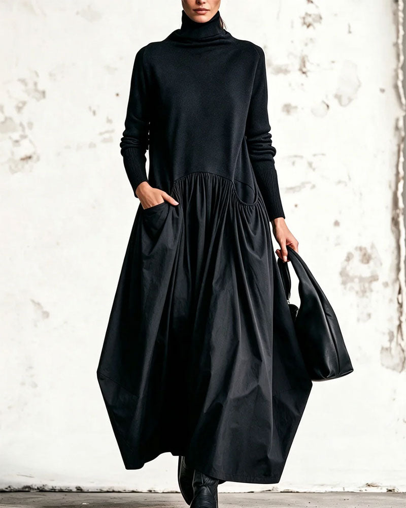 Robe Col Haut Patchwork Froncée Longue