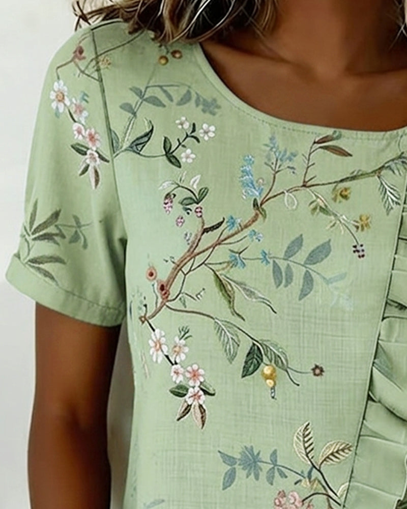 Blouse Col Rond Manches Courtes Volantée Florale