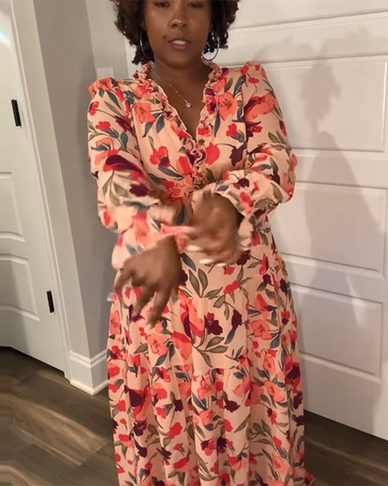 Robe À Col V Manches Longues À Fleurs