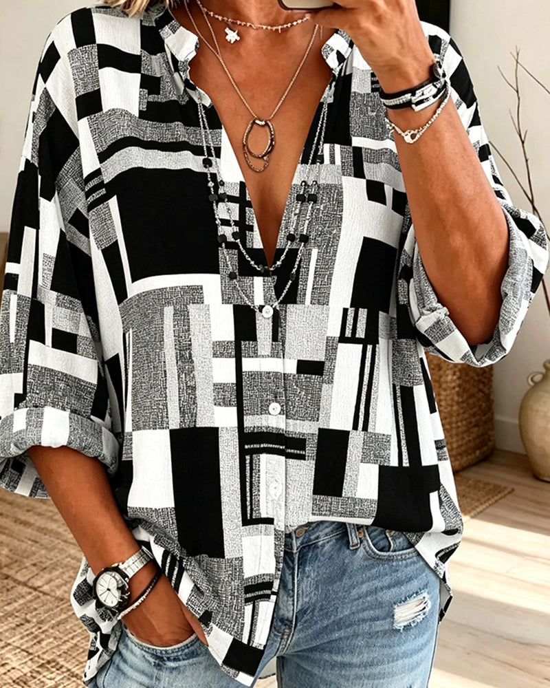 Blouse Imprimé Géométrique Col En V Décontractée