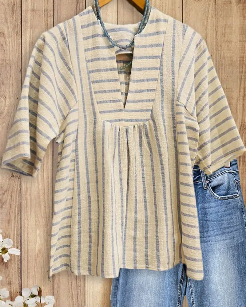 Blouse Rayure Texture Demi Manche Décontractée