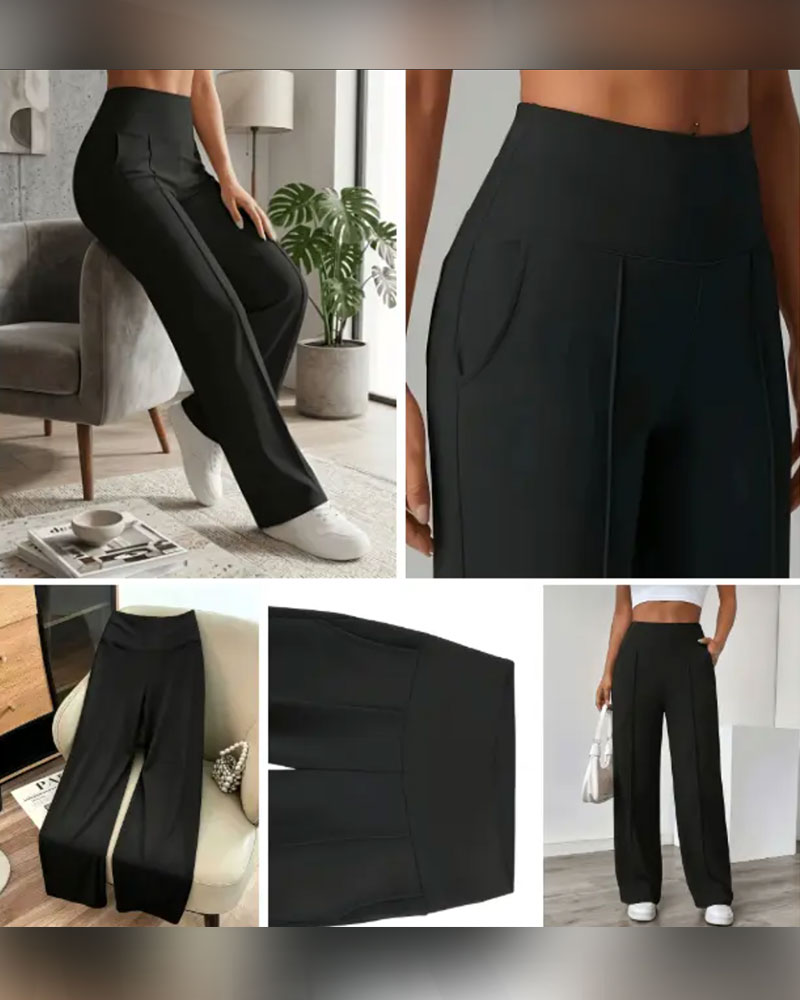 Pantalon Taille Haute Poche Large Jambe Long