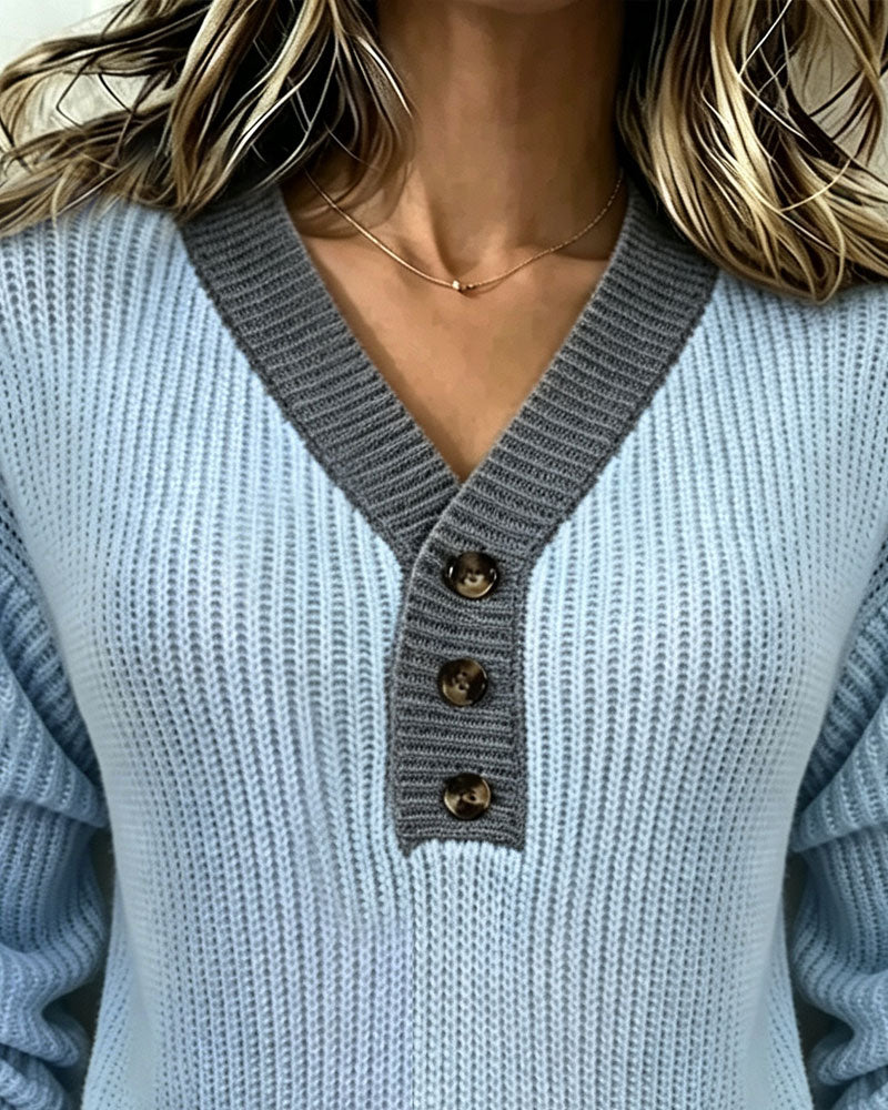 Pullover Col En V Bloc De Couleur Bouton
