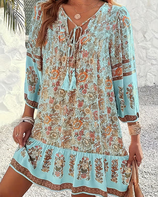 Robe Col V Attache Volant Floral