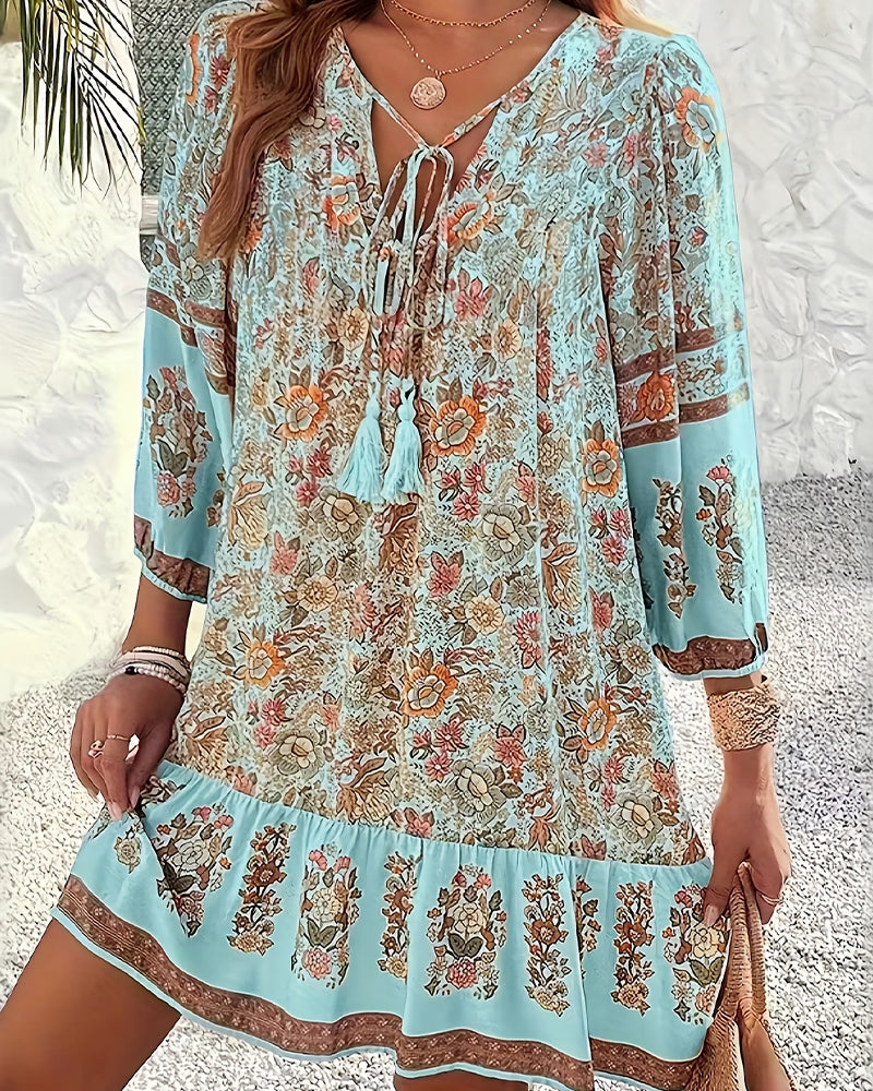 Robe Col V Attache Volant Floral
