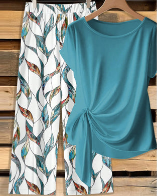 Set Nœud Blouse Imprimé Large Jambe Pantalon