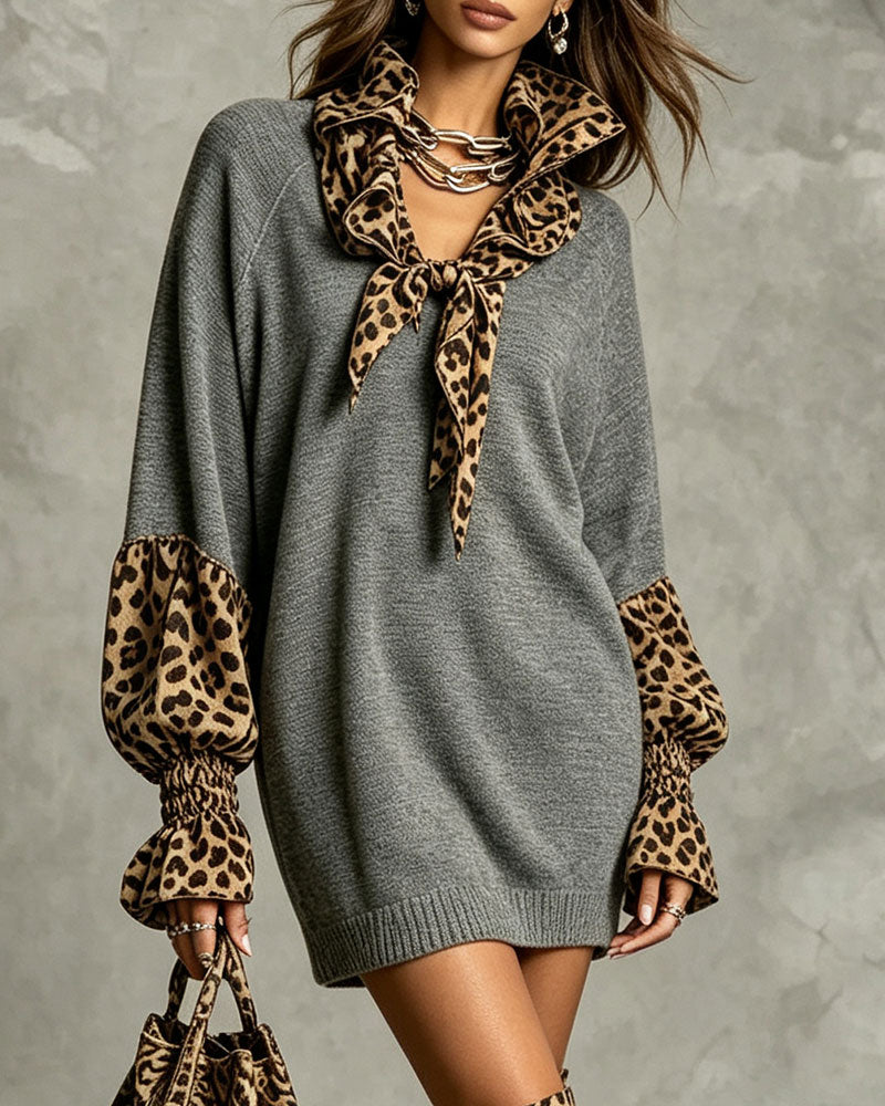 Robe Pull Imprimé Léopard Col Écharpe