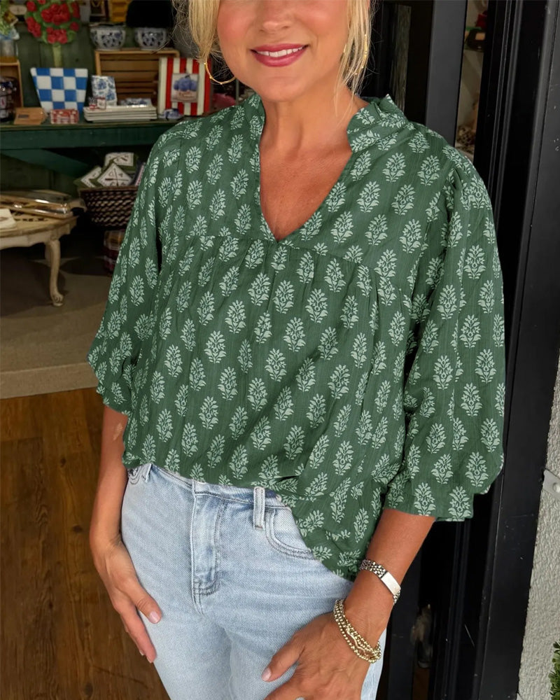 Blouse Manches Trois-Quarts Imprimée Décontractée