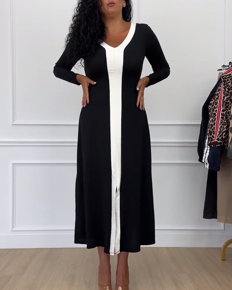 Robe élégante fendue à col en V de couleur contrastée