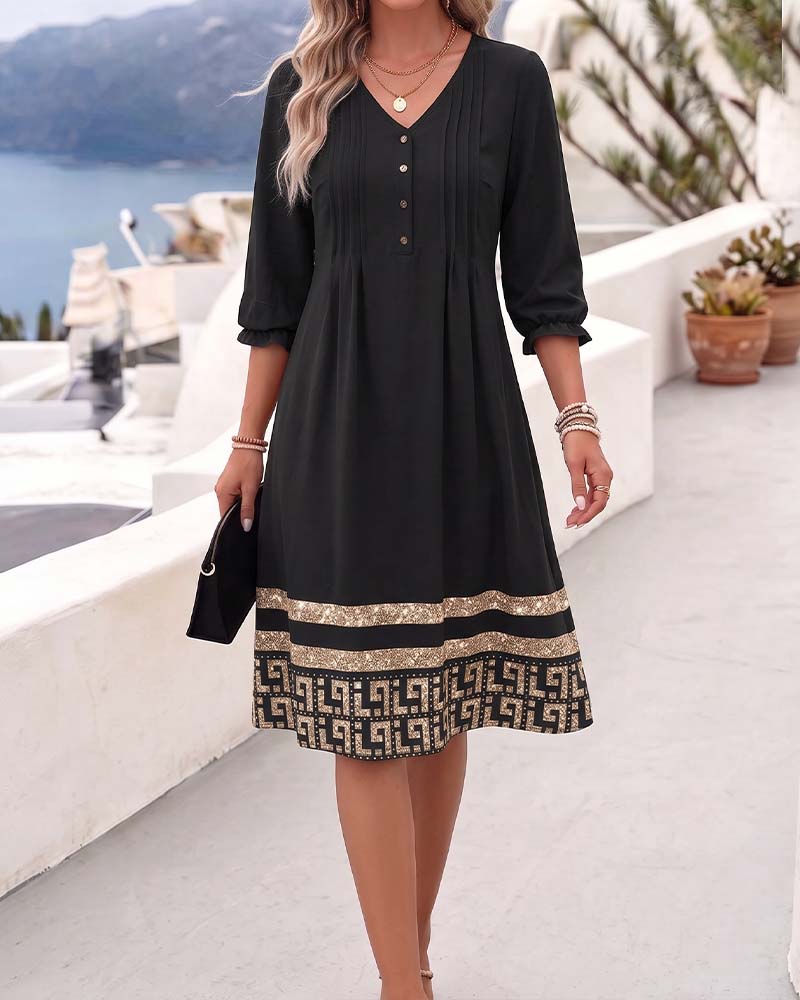 Robe Col-V Imprimée À Manches Volants