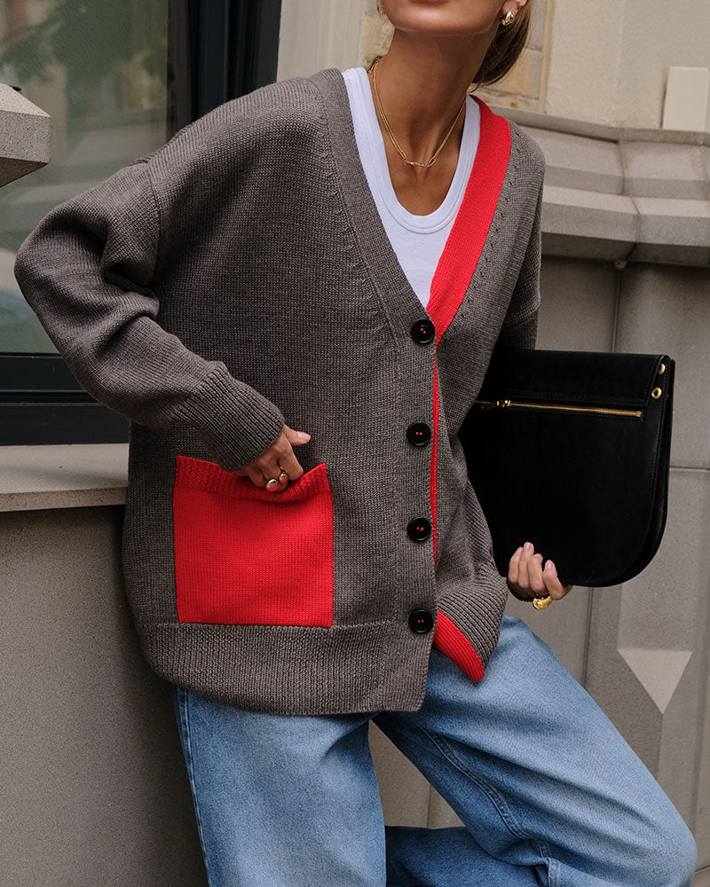 Cardigan Contraste Col V Boutonné
