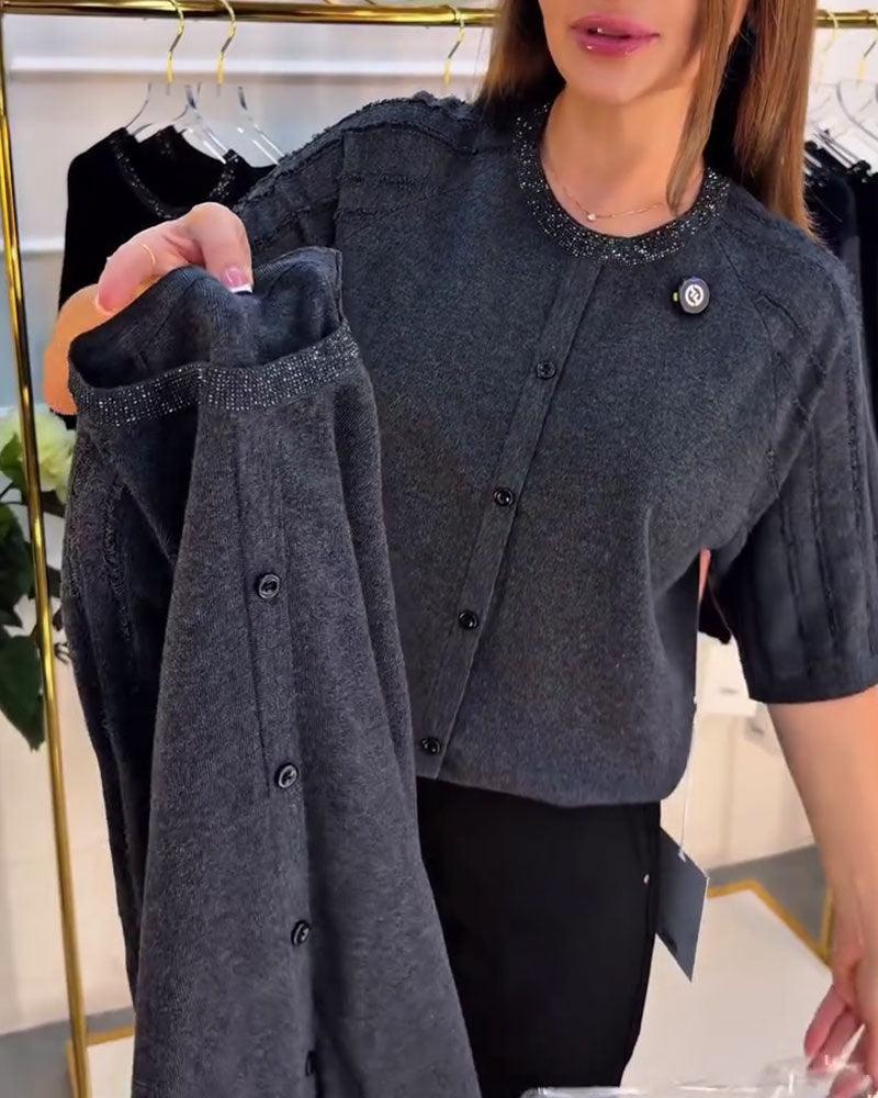 Pullover Col Rond Manches Courtes Simple Boutonnage