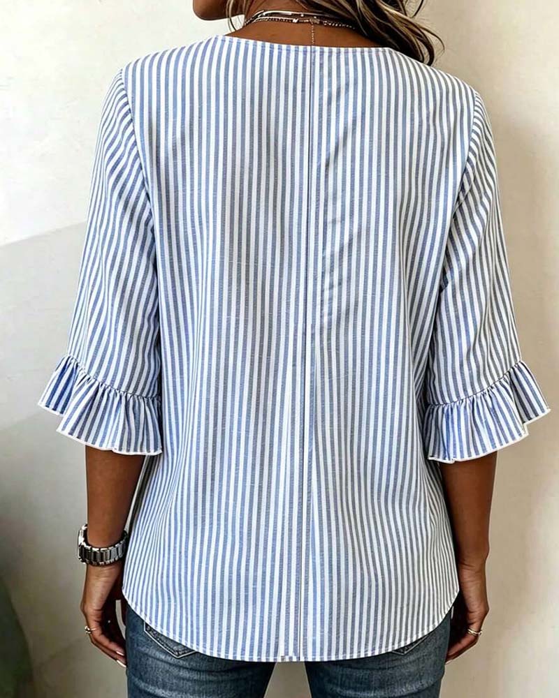 Blouse Mini Col V Volant Rayure Bouton
