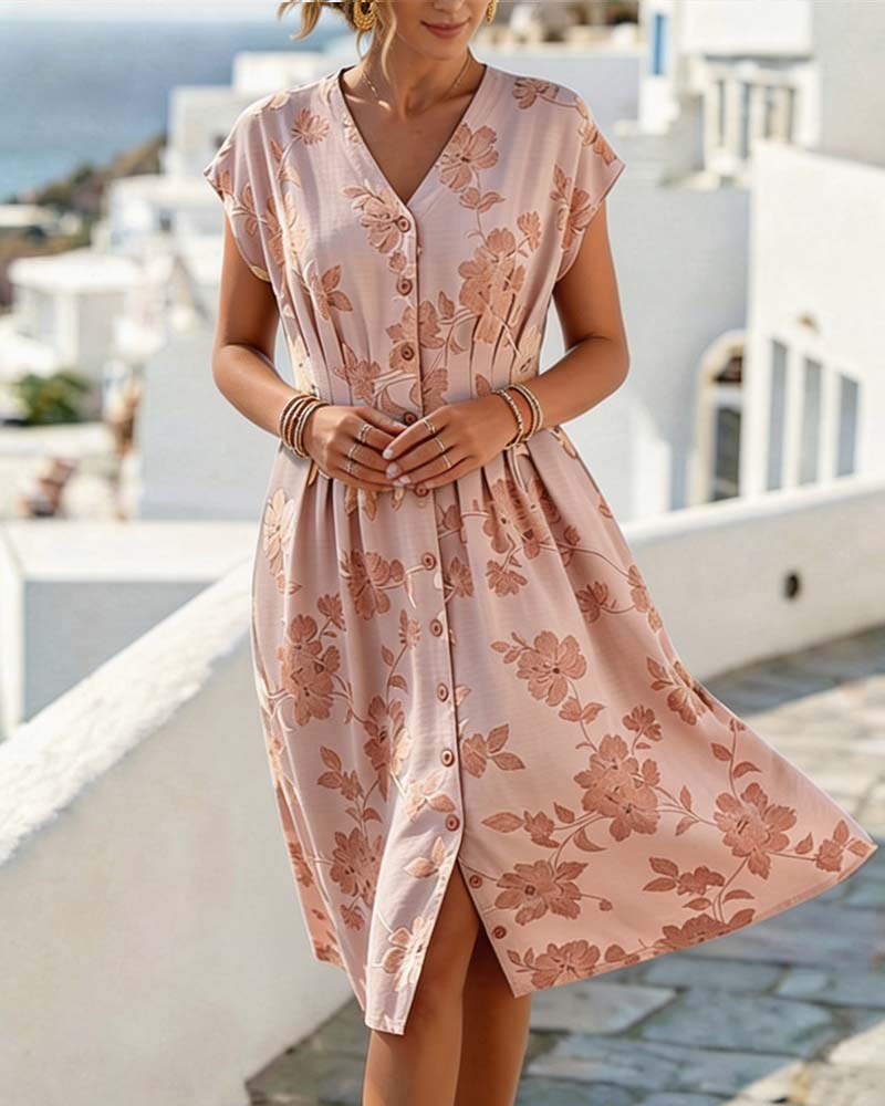 Robe Col En V Imprimé Taille Cintrée Boutonnage Devant