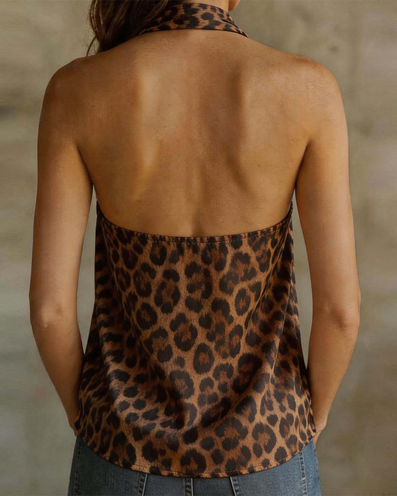 Blouse Col V Halter Léopard Sans Manches