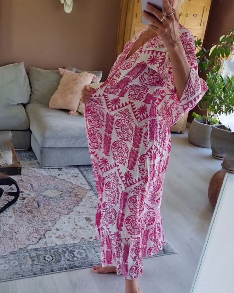 Robe élégante imprimée à col en V et manches cloche plissées