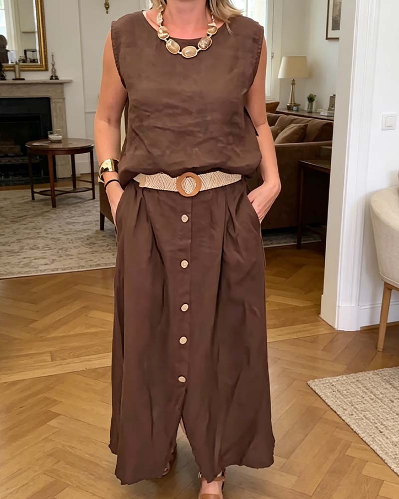 Ensemble Col Rond Sans Manches Bouton