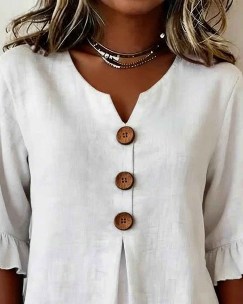 Blouses Unies Coton-Lin Boutons En Bois Volants